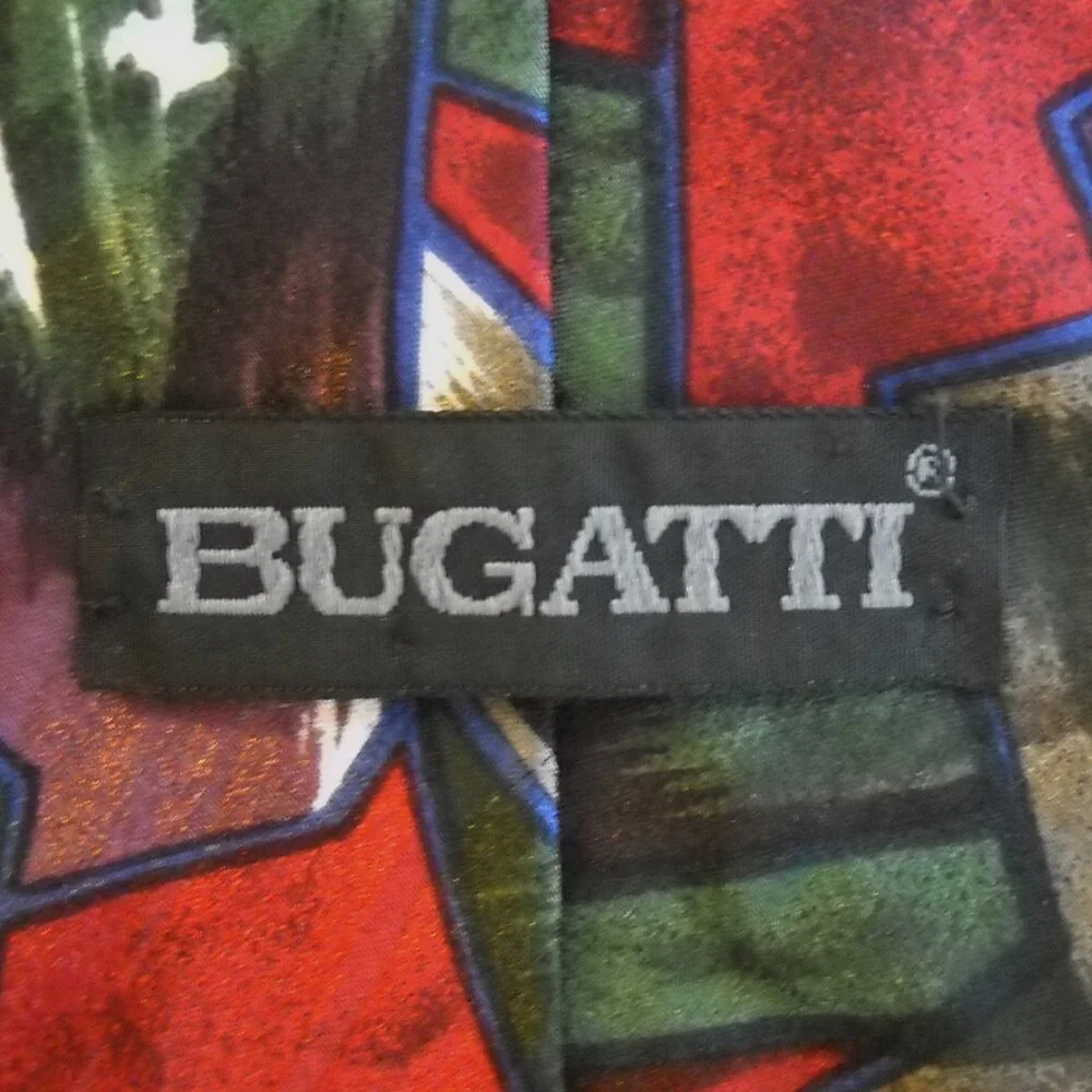 Bugatti Neck Tie Multi Color 100% Italian Silk Abstract Green Red Purple Men's